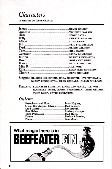 Queenie theatre programme and cast list starring Vivienne Martin, Cheryl Kennedy, Tony Kemp, Paul Eddington, Bill Owen, Julia McKenzie